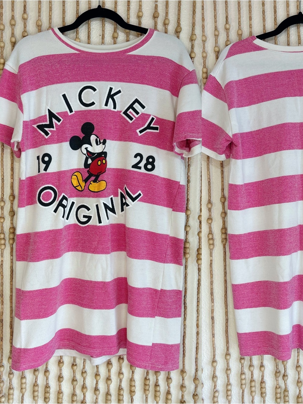 Vintage Mickey Mouse Print Pink White Striped Oversized Short Sleeve Mini Dress